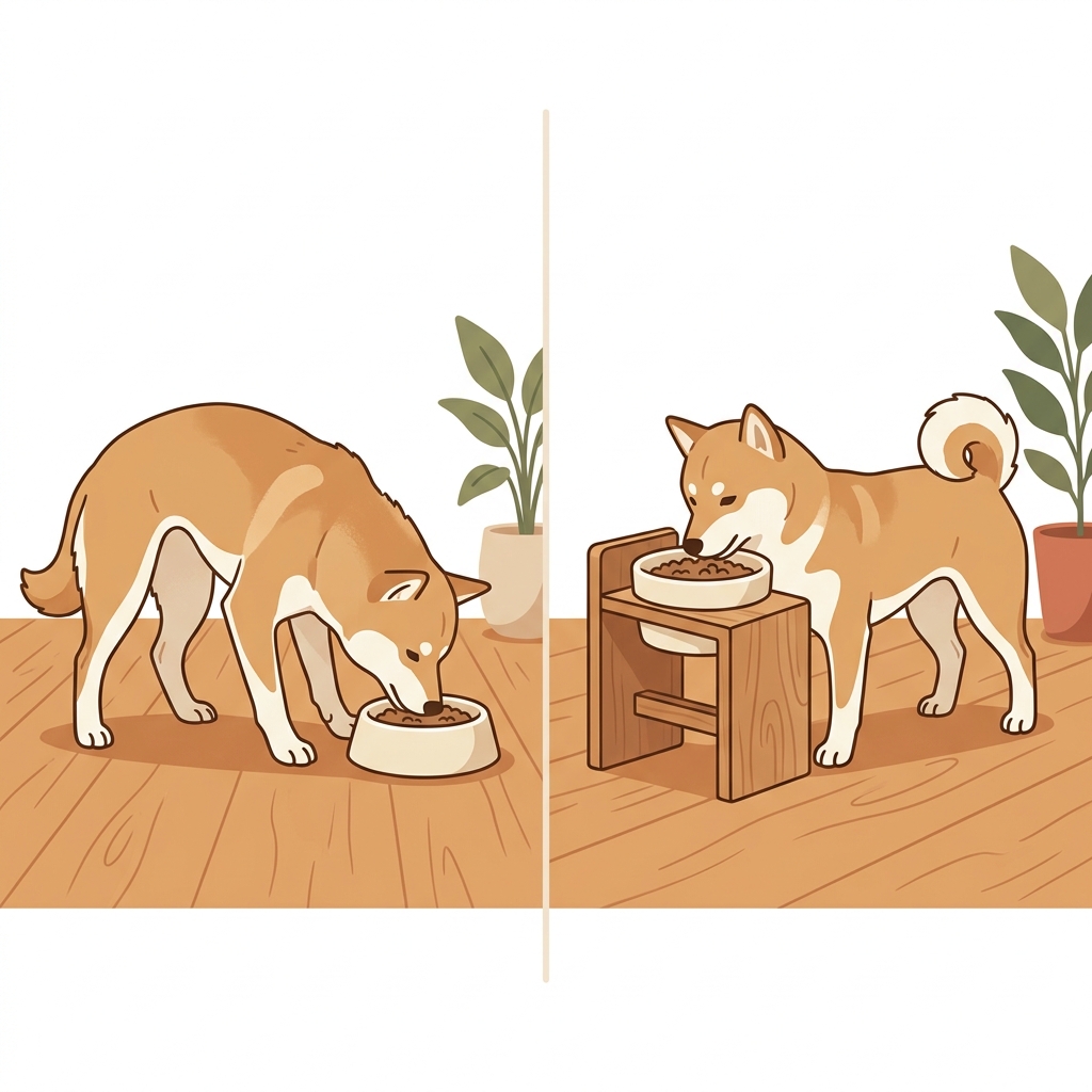 床置きの皿で首を曲げて食べる悪い姿勢（左）と、スタンドを使って快適に食べる良い姿勢（右）の比較イラスト