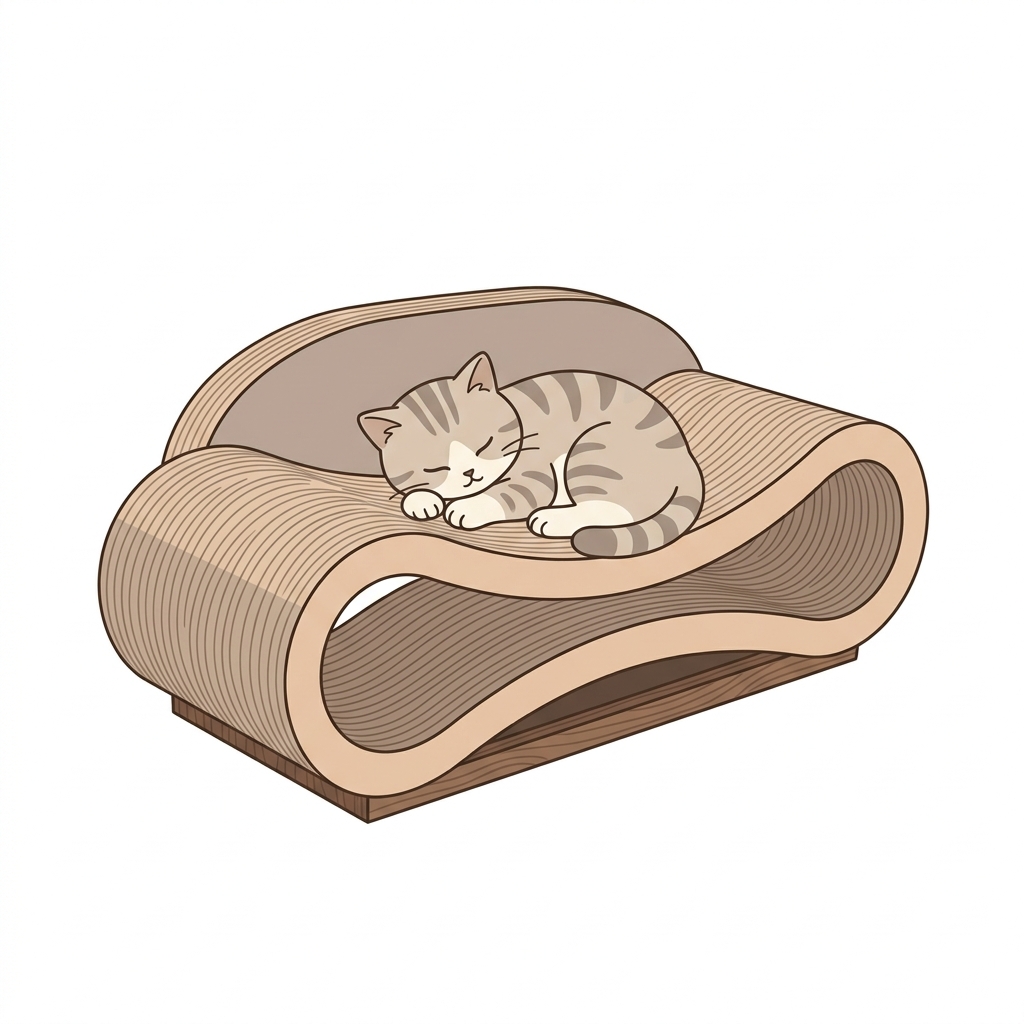 カリカリーナのような美しい曲線の爪とぎ兼ベッドで丸まって眠る猫のイラスト