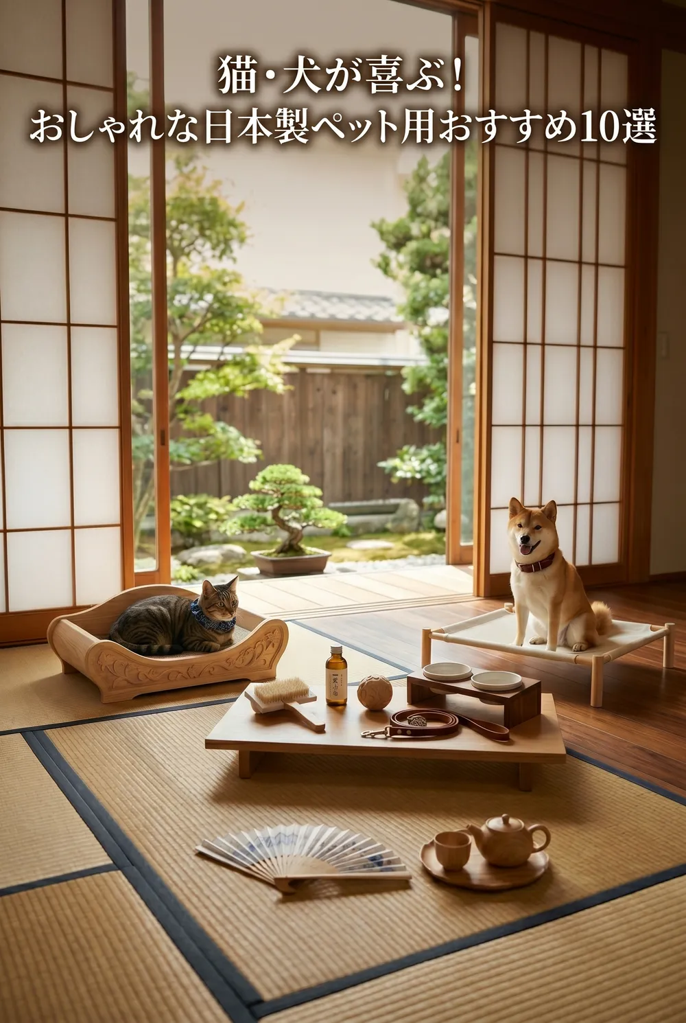 お気に入りのクッションで眠る猫と、散歩の準備をしてシッポを振る嬉しそうな犬の様子