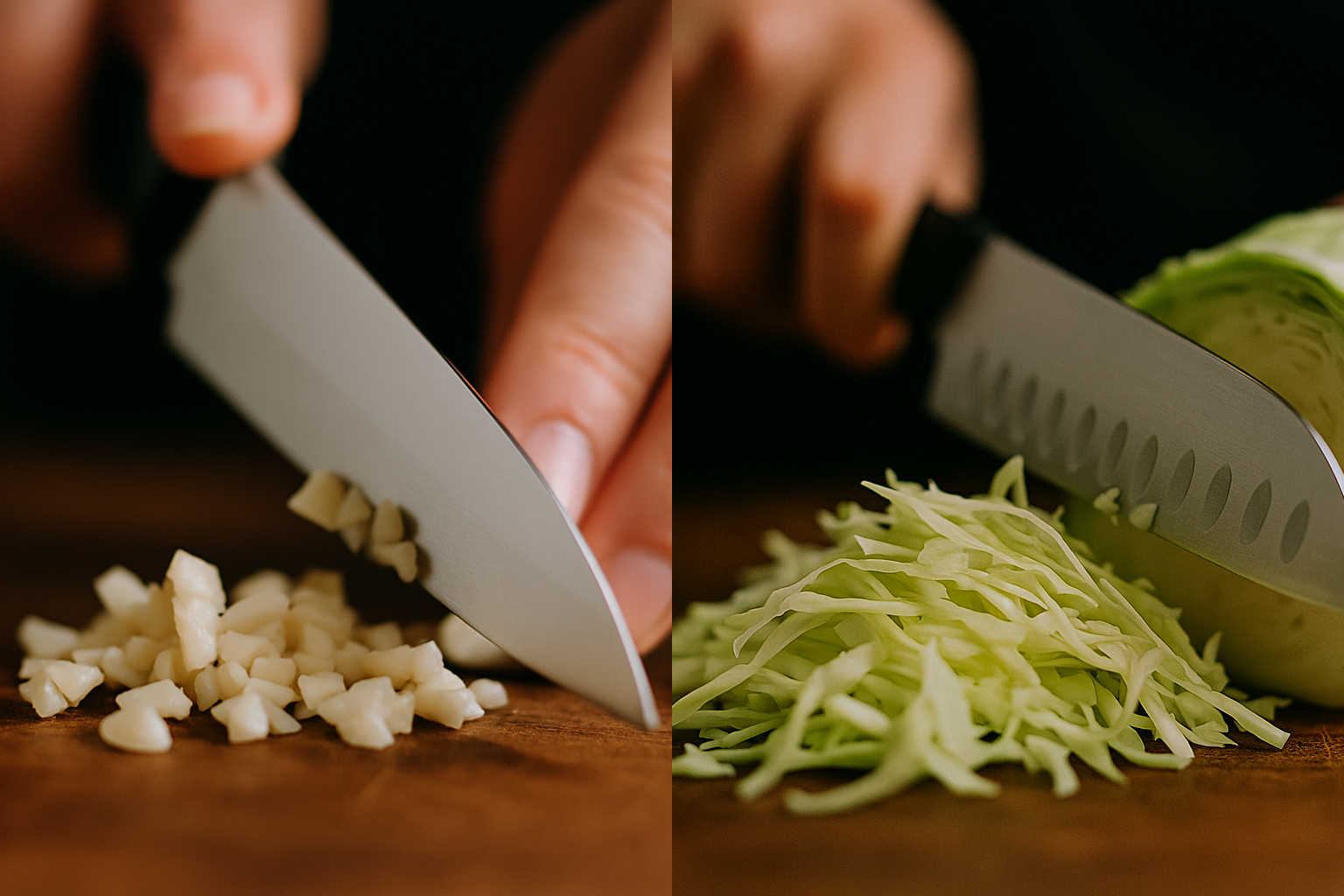 三徳包丁でキャベツを、ペティナイフで薬味を切っている様子