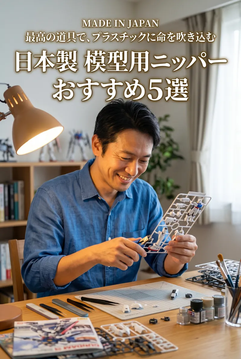 休日の明るい書斎で、大人の男性がデスクライトに照らされながら、専用のニッパーを使って真剣かつ楽しそうにプラモデルを組み立てているまとめイメージ