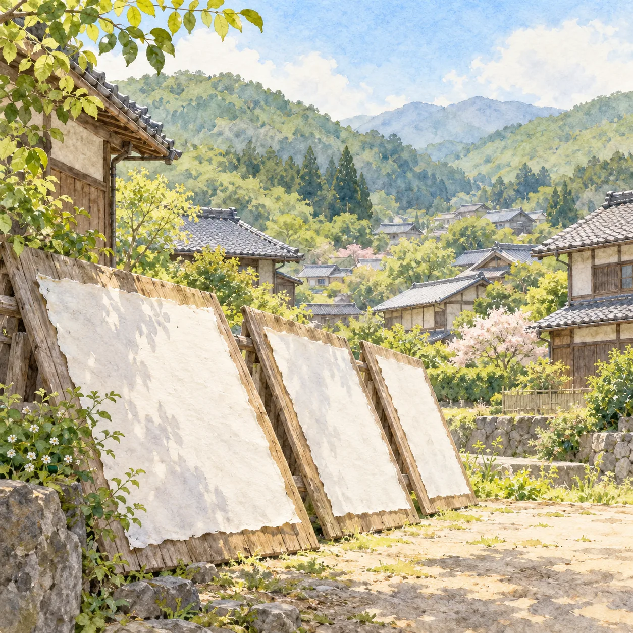 山あいの町並みを背景に、白い和紙が板に貼られて干されている様子を描いた水彩イラスト