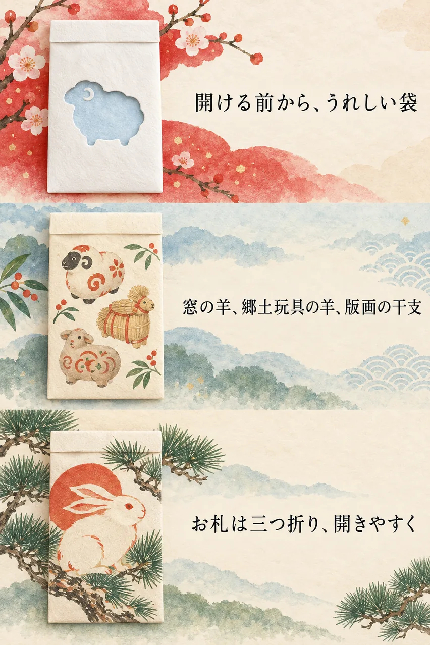 羊の窓のぽち袋、郷土玩具の羊の袋、版画の十二支の袋を縦に並べた、日本製のぽち袋のまとめイラスト
