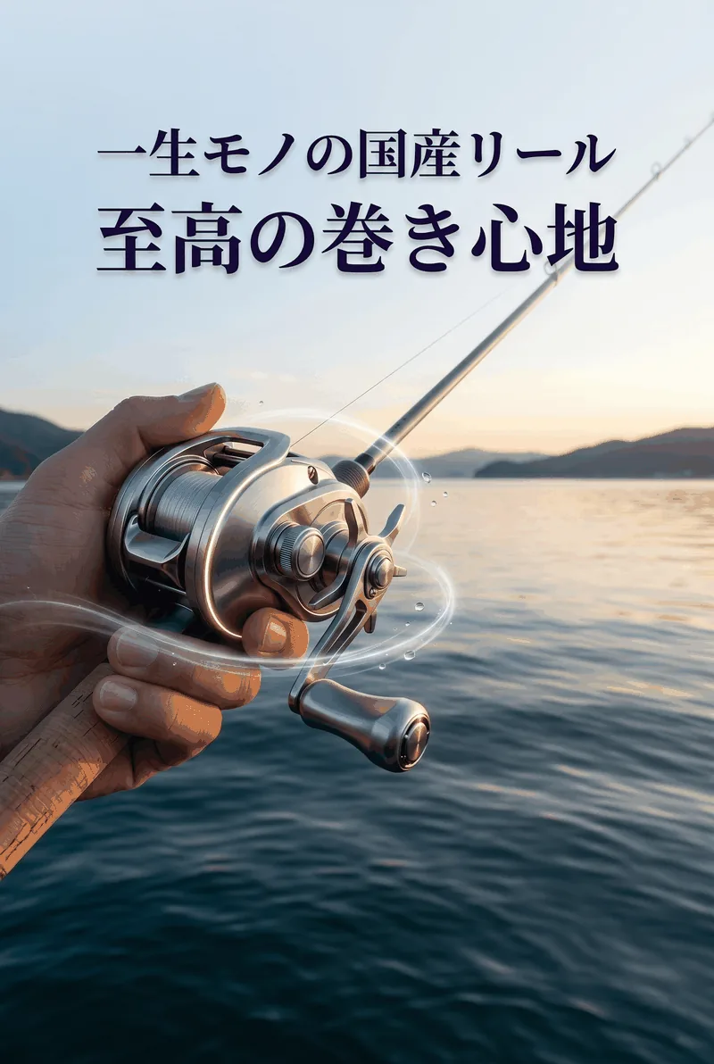 美しいスピニングリールと水中の力強いトラウトを描いた縦長デザイン