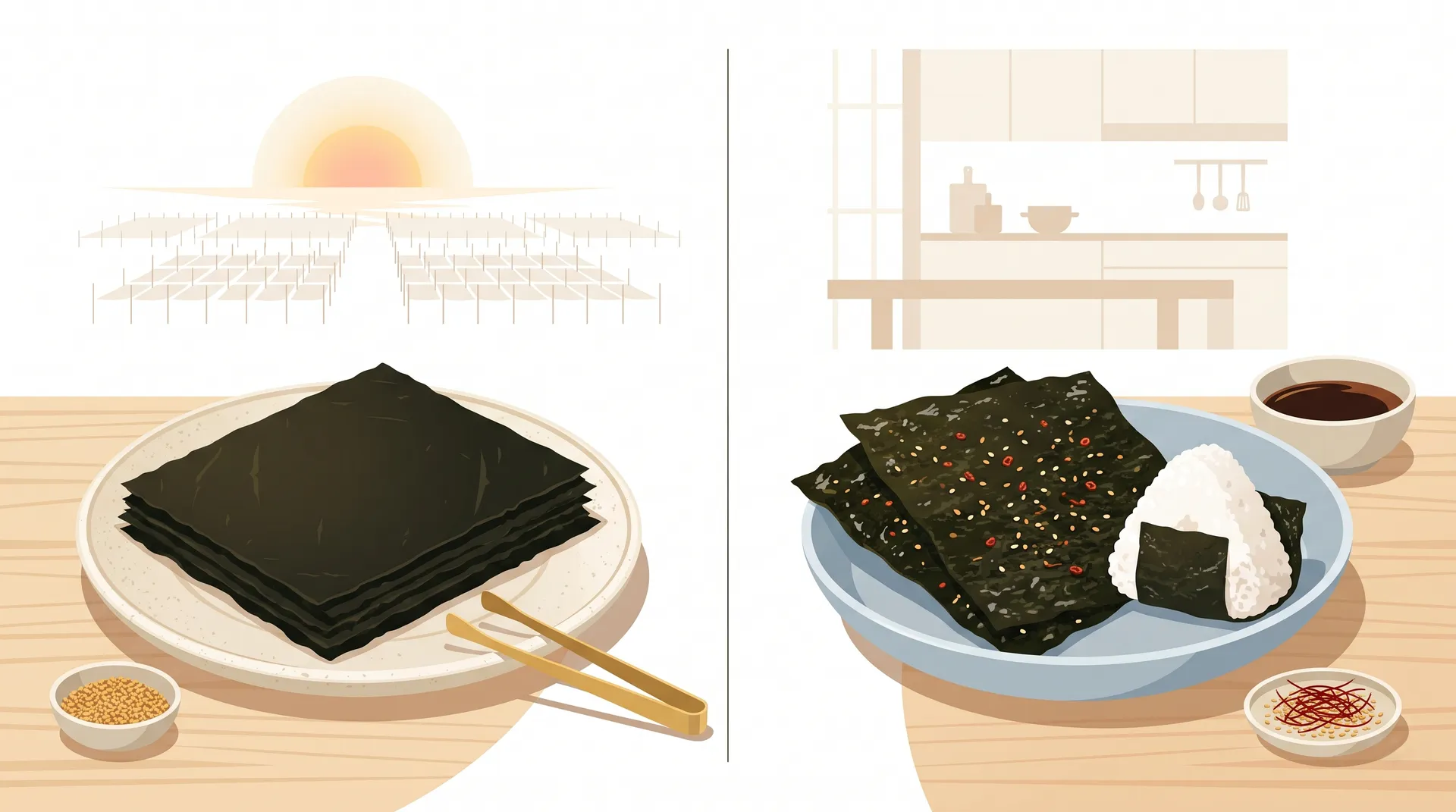 風味重視の焼き海苔と、ご飯のお供に手軽な味付け海苔を並べて比較したイラスト