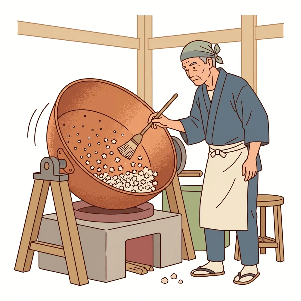 巨大な銅釜の前で、熱気の中で金平糖をかき混ぜ続ける伝統職人のイラスト