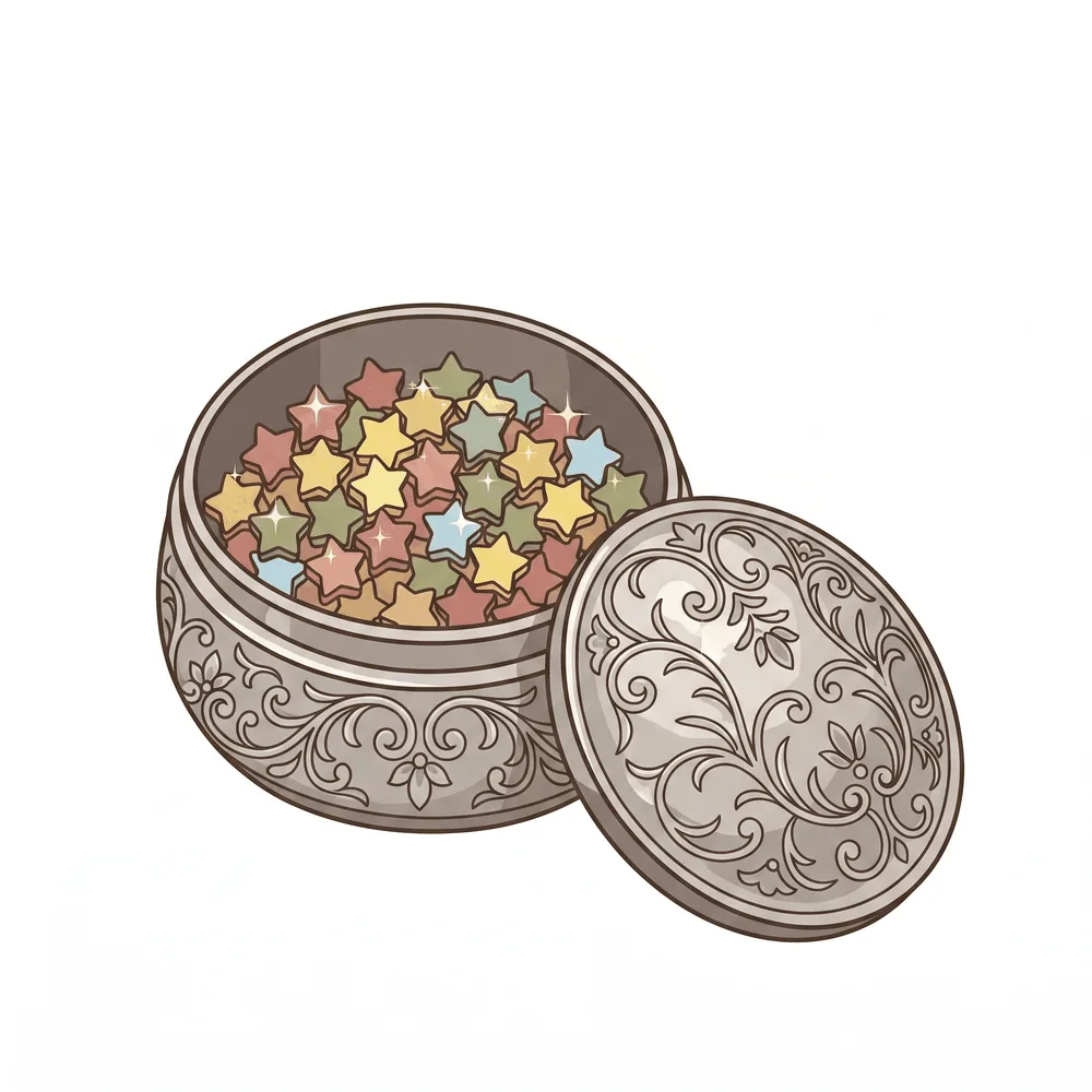 精巧な銀製のボンボニエール（菓子器）に収められた、宝石のような金平糖のイラスト