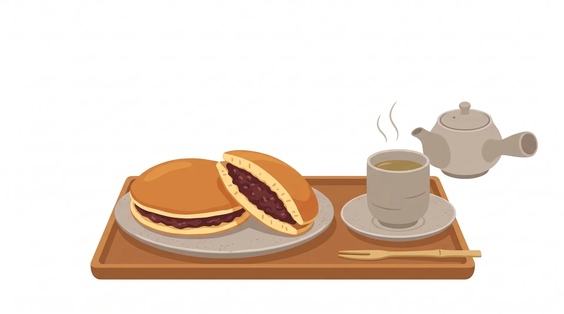 ふっくらと焼き上げた皮にたっぷりの粒餡を挟んだ名店のどら焼きと日本茶のイラスト