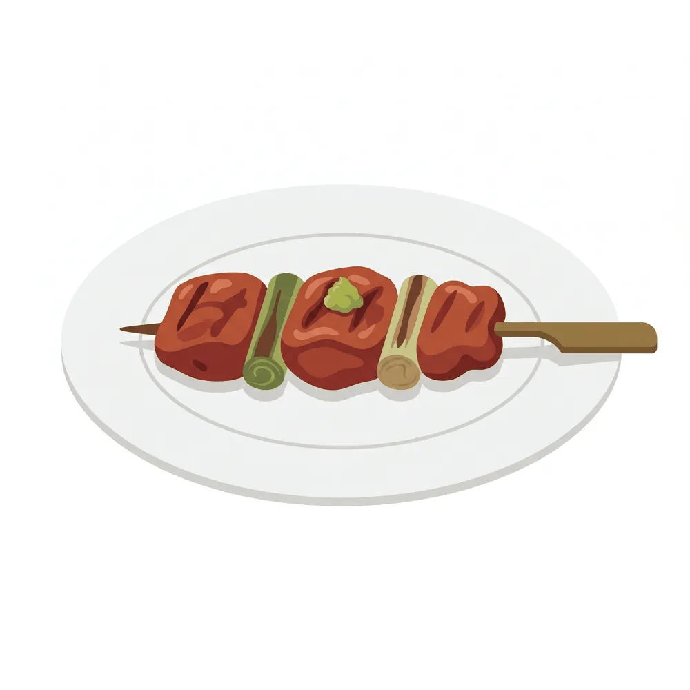 こんがり焼けた焼き鳥の上に、ちょこんと乗せられた緑色の柚子胡椒のイラスト