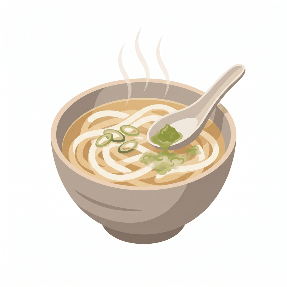 湯気の立つ温かいうどんのスープに、スプーンで柚子胡椒を溶かしているイラスト