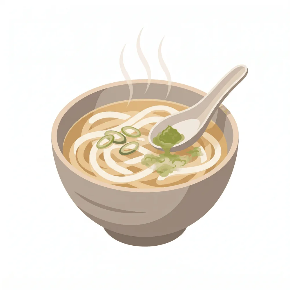 湯気の立つ温かいうどんのスープに、スプーンで柚子胡椒を溶かしているイラスト
