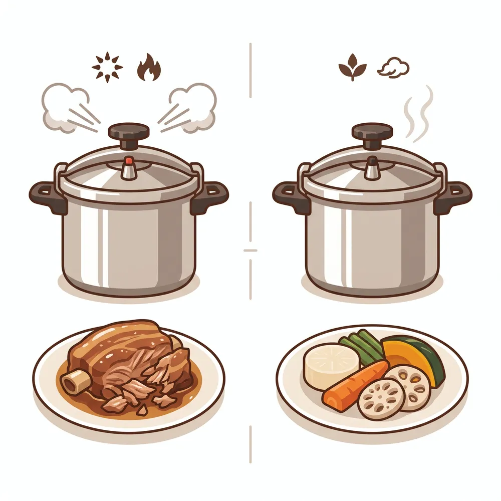 高圧で骨まで柔らかくなる料理と、低圧で煮崩れしにくい料理を並べて比較したイラスト