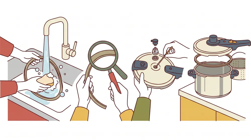 圧力鍋のパッキンや安全弁を洗って点検する様子を描いたイラスト