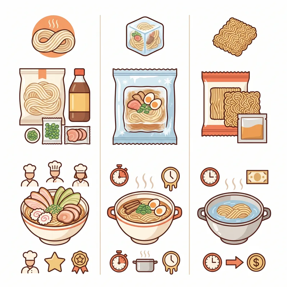 生麺セット・冷凍ラーメン・乾麺の3タイプを並べて再現度と手軽さを比較したイラスト