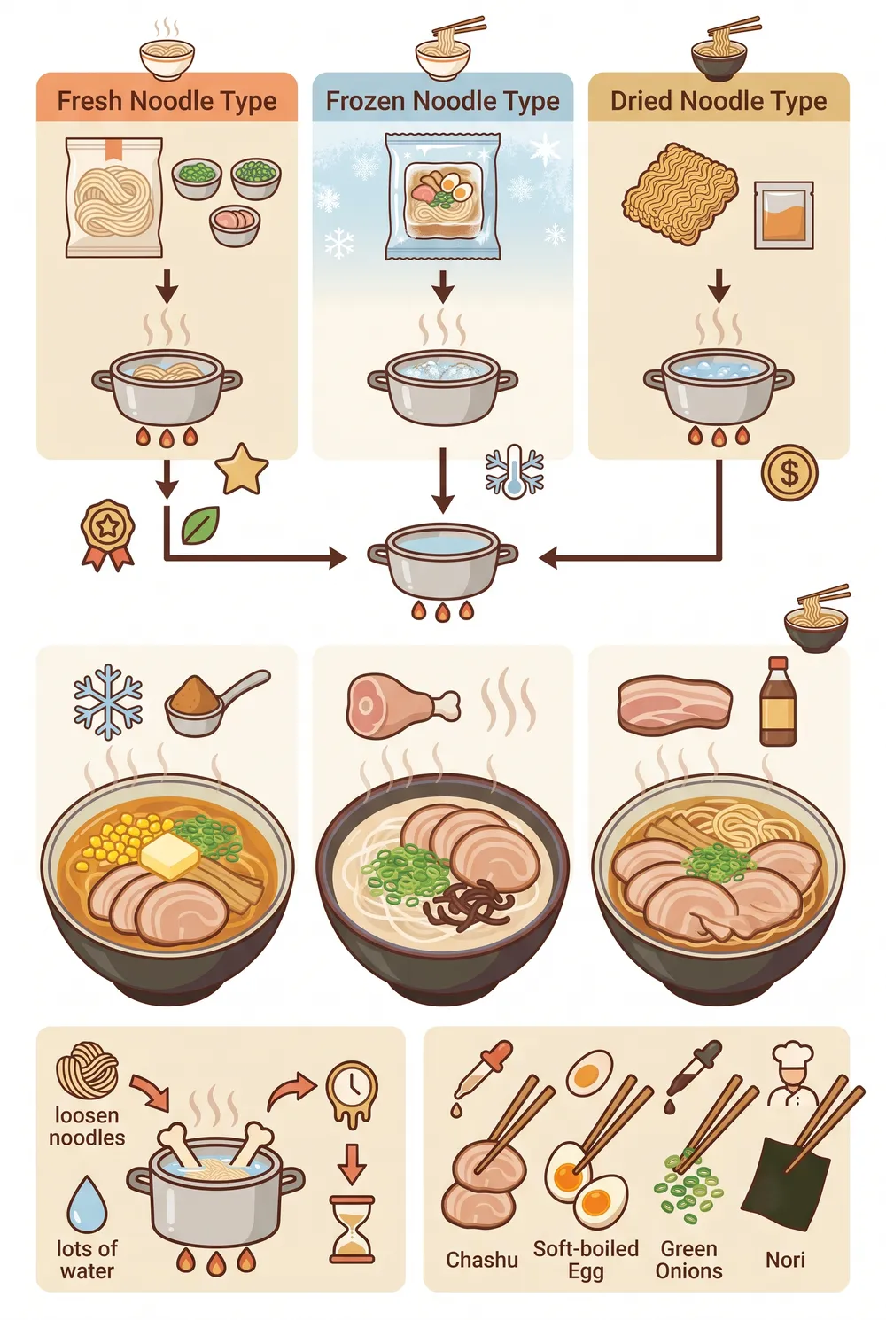 お取り寄せラーメンの選び方・生麺と冷凍・ご当地スープまとめインフォグラフィック