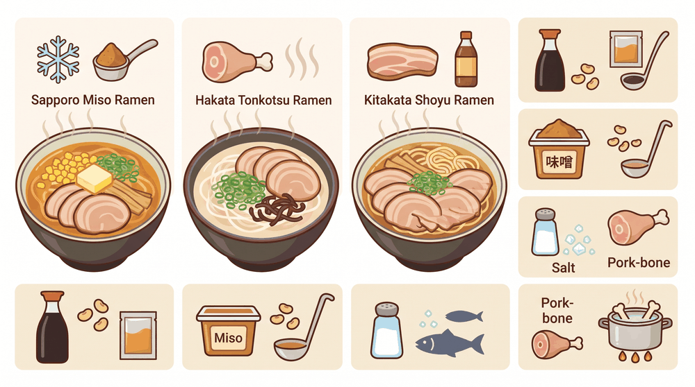 札幌味噌・博多とんこつ・喜多方醤油などご当地ラーメンと、醤油・味噌・塩・とんこつのスープを並べたイラスト