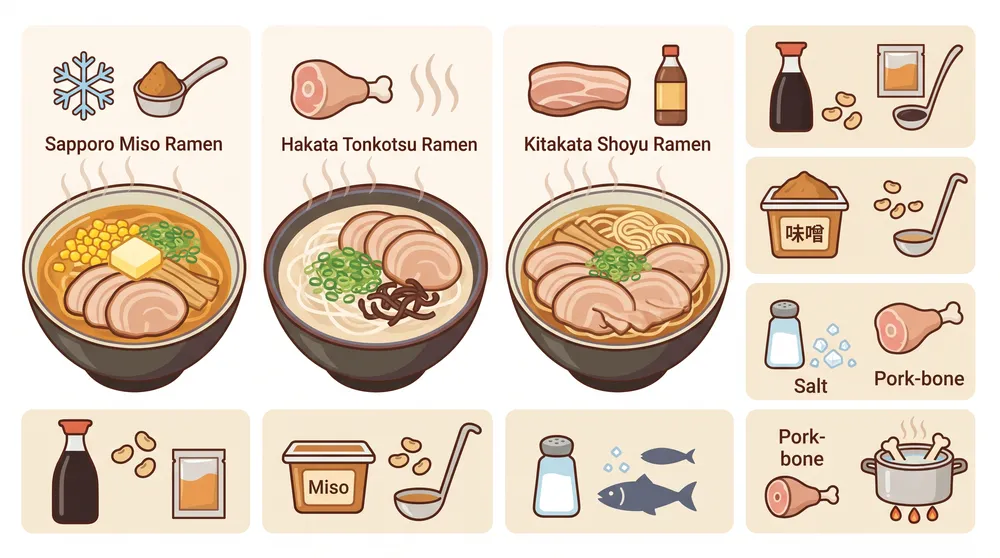 札幌味噌・博多とんこつ・喜多方醤油などご当地ラーメンと、醤油・味噌・塩・とんこつのスープを並べたイラスト