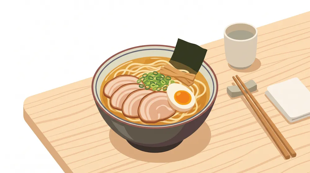 チャーシューや味玉をのせた名店の一杯を自宅で再現したお取り寄せラーメンのイメージイラスト