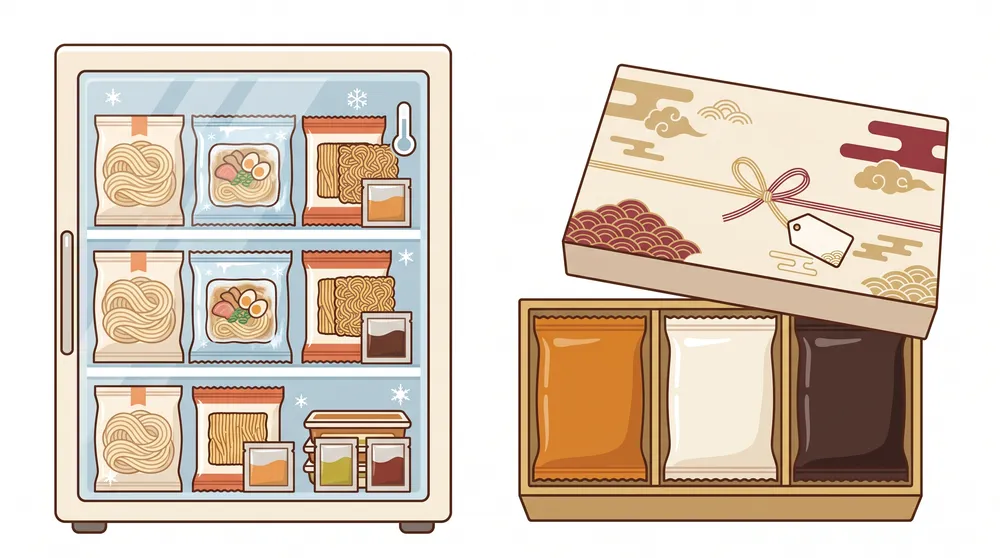 冷凍庫に保存したお取り寄せラーメンと、食べ比べギフトの化粧箱を描いたイラスト