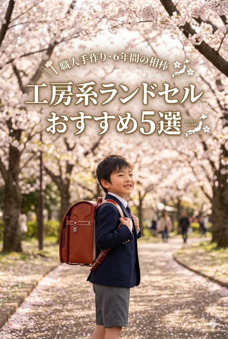桜の木の下で、新一年生になる嬉しそうな男の子（または女の子）が、真新しい上質な本革のランドセルを誇らしげに背負って振り返っている、希望に満ちたまとめイメージ