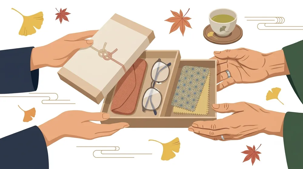 敬老の日に老眼鏡を贈る温かいシーンと、ケースやクロスを添えたギフトのイラスト