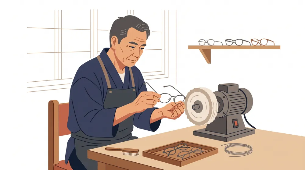鯖江の職人がチタンフレームの眼鏡を仕上げる様子と、軽い日本製リーディンググラスのイメージイラスト
