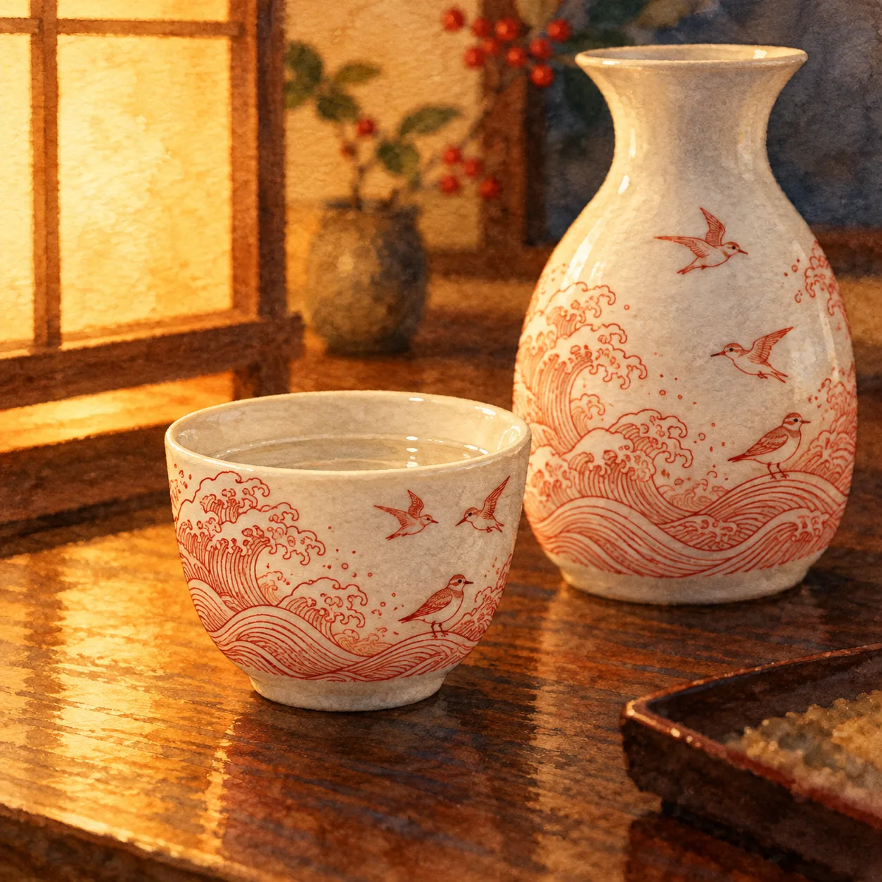 白い磁器の小さな盃に赤一色の細い線で波と千鳥が描かれ、日本酒が注がれて、夜の静かな卓に置かれている水彩イラスト