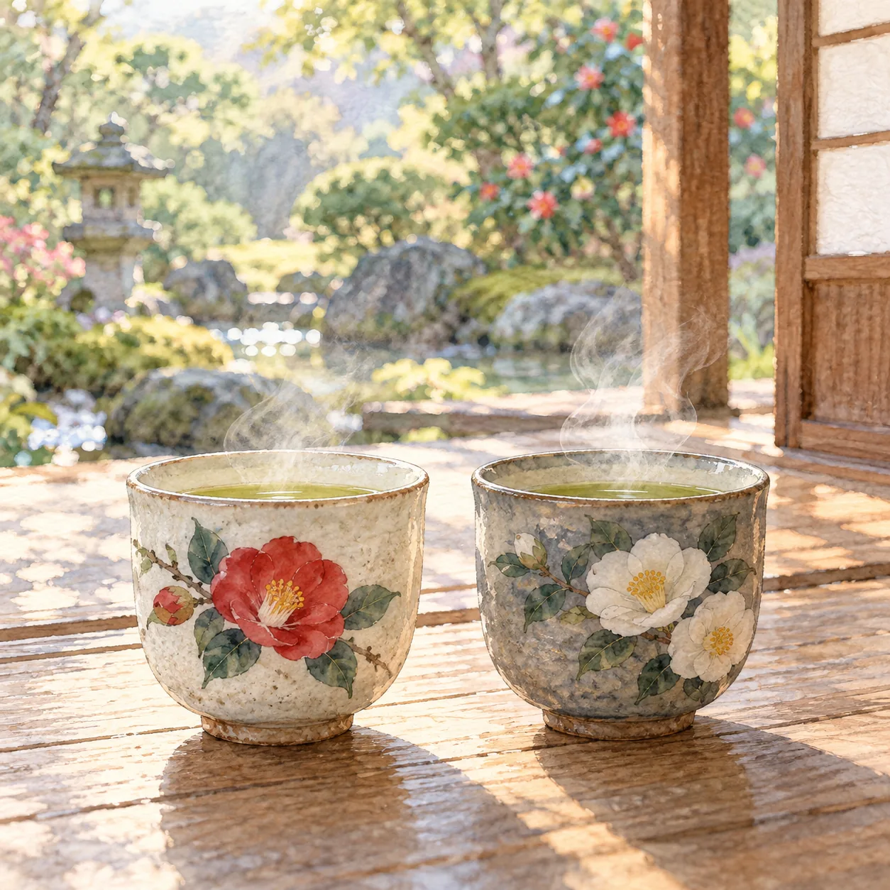 白い釉に赤い椿の湯呑と、灰色の地に白い椿の湯呑が並び、湯気の立つお茶が入っている朝の縁側の水彩イラスト