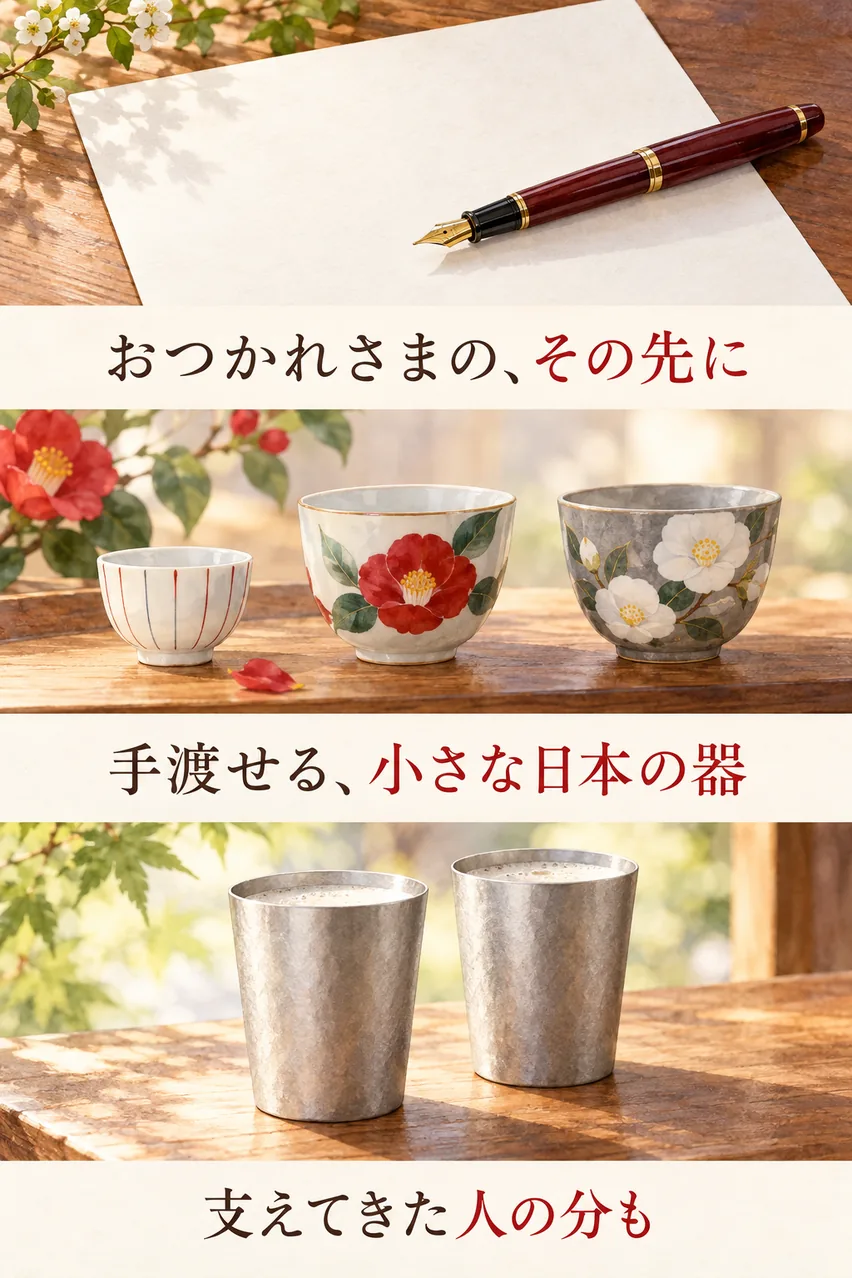 万年筆、赤い線のぐい呑、白と灰色の夫婦湯呑、錫のペアカップを縦に並べた、退職祝いのまとめイラスト
