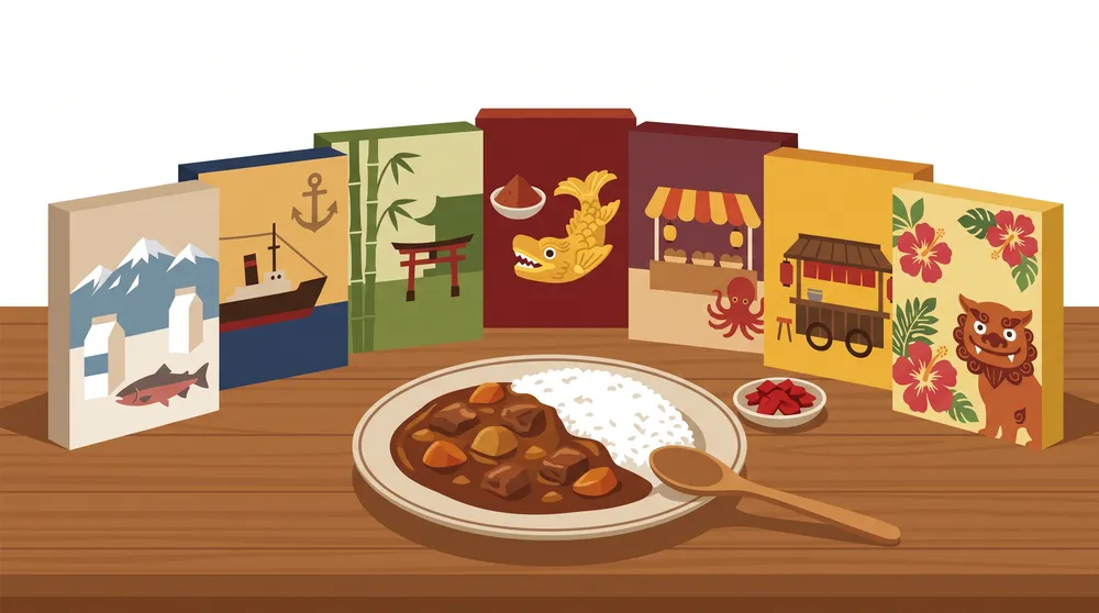 全国のご当地レトルトカレーの箱が並び、温めて盛り付けた本格カレーを描いたイメージイラスト
