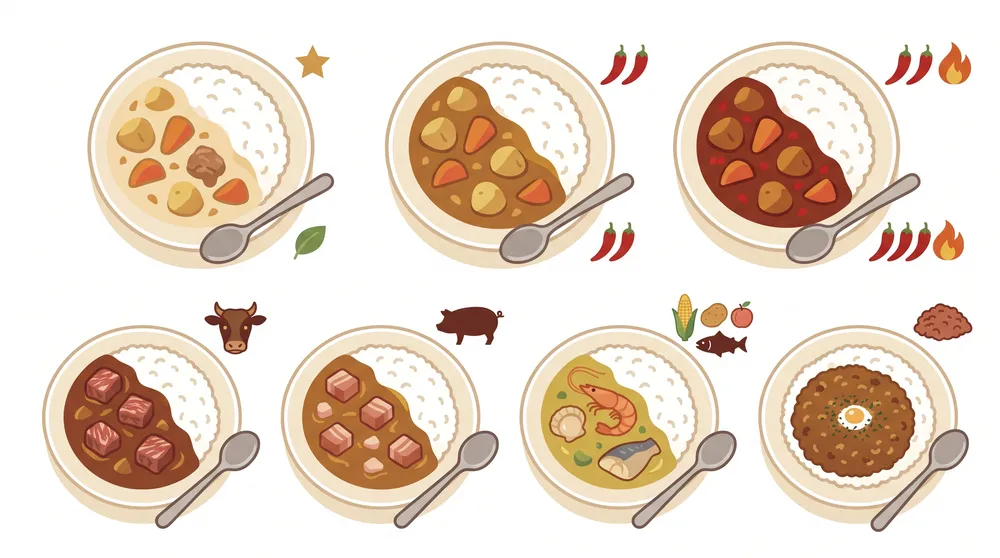 甘口から激辛までの辛さ、ビーフ・ポーク・シーフード・キーマなど具材の異なるレトルトカレーを並べたイラスト
