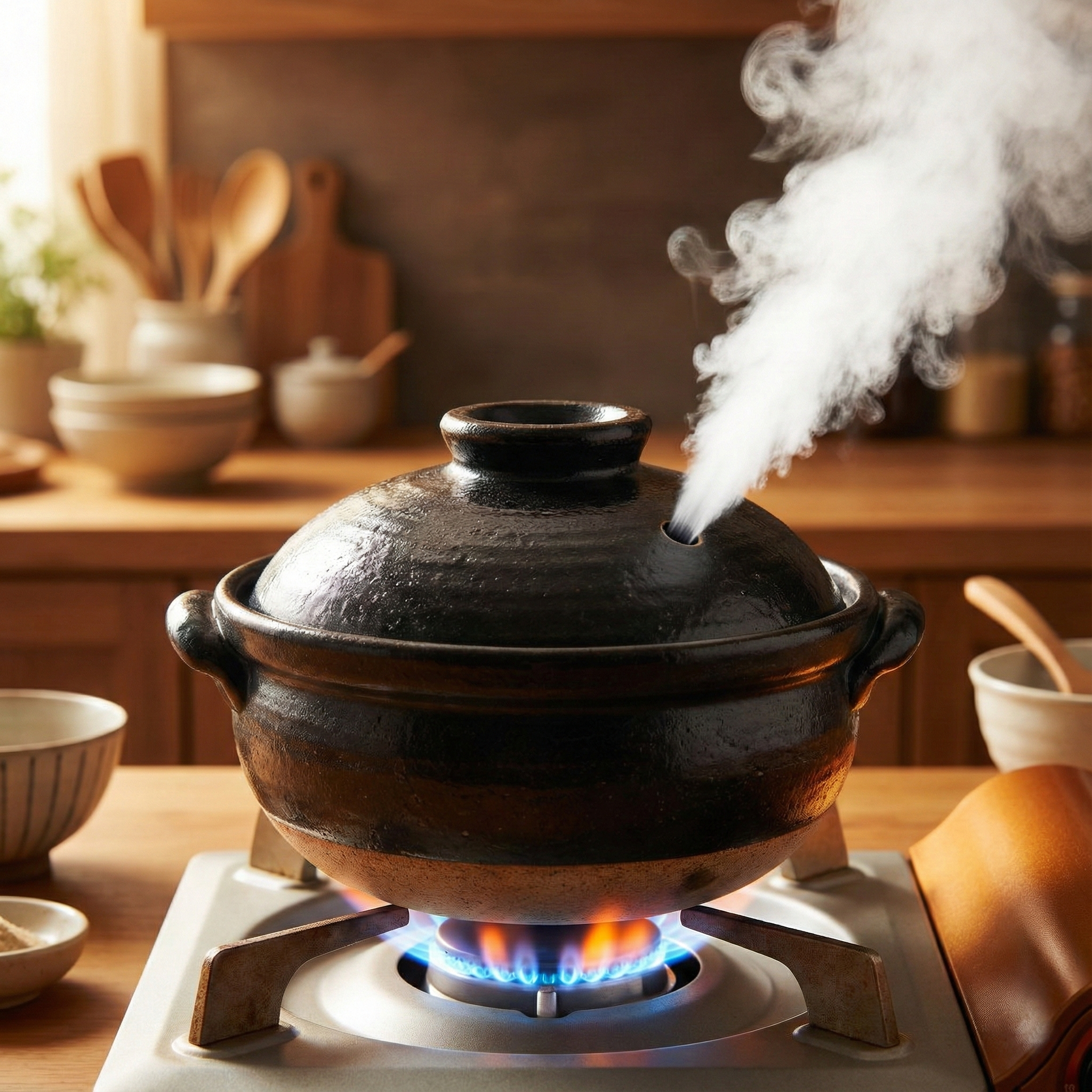 ガスコンロの上の土鍋。蓋の穴から白い蒸気が勢いよく噴き出している写真