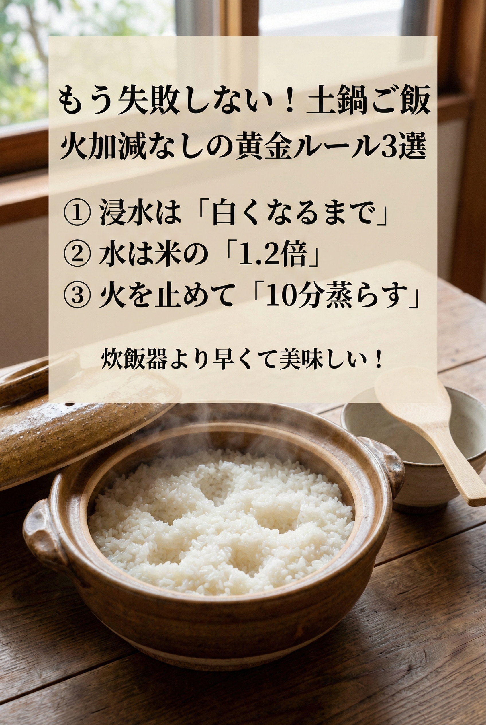 土鍋で炊き上がったばかりのツヤツヤの白ごはんのイメージ画像