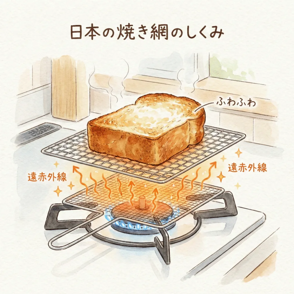 ガスコンロの直火と焼き網の遠赤外線効果で食パンが美味しく焼き上がる仕組みのイラスト
