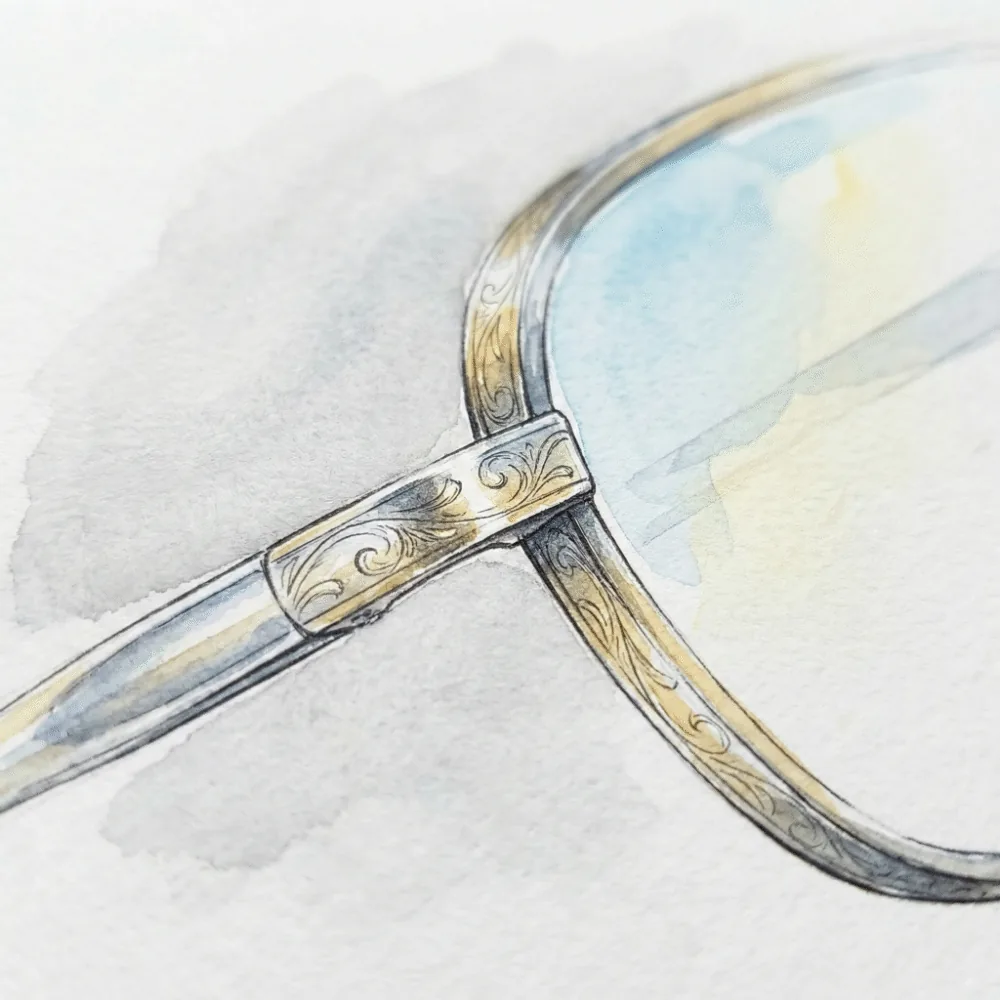 細くてスタイリッシュなチタン製フレームの拡大図。金属的な光沢と、軽やかさを表現したイラスト
