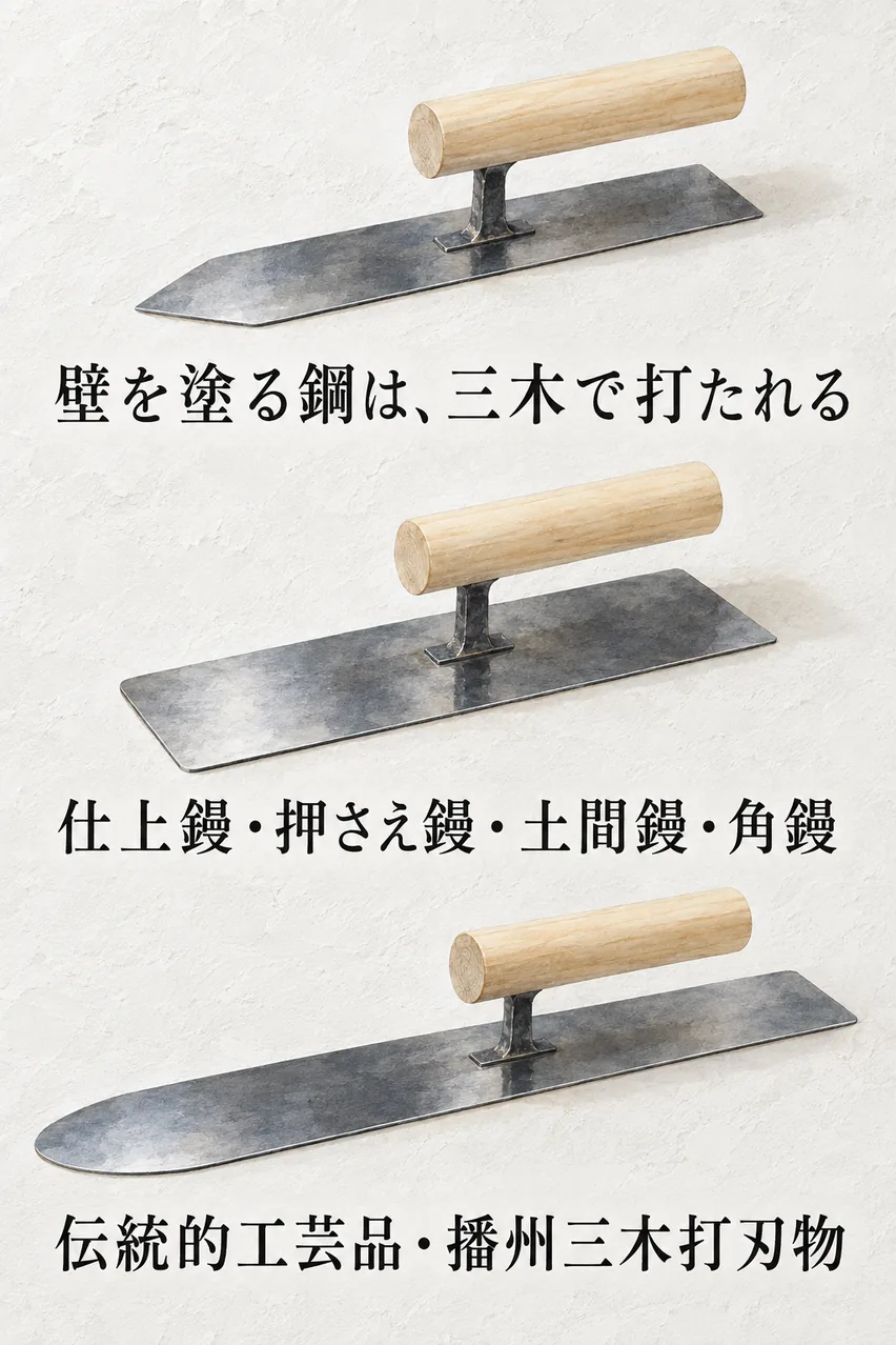 仕上鏝、押さえ鏝、長い土間鏝を縦に並べ、背景に白い漆喰の壁があるまとめイラスト
