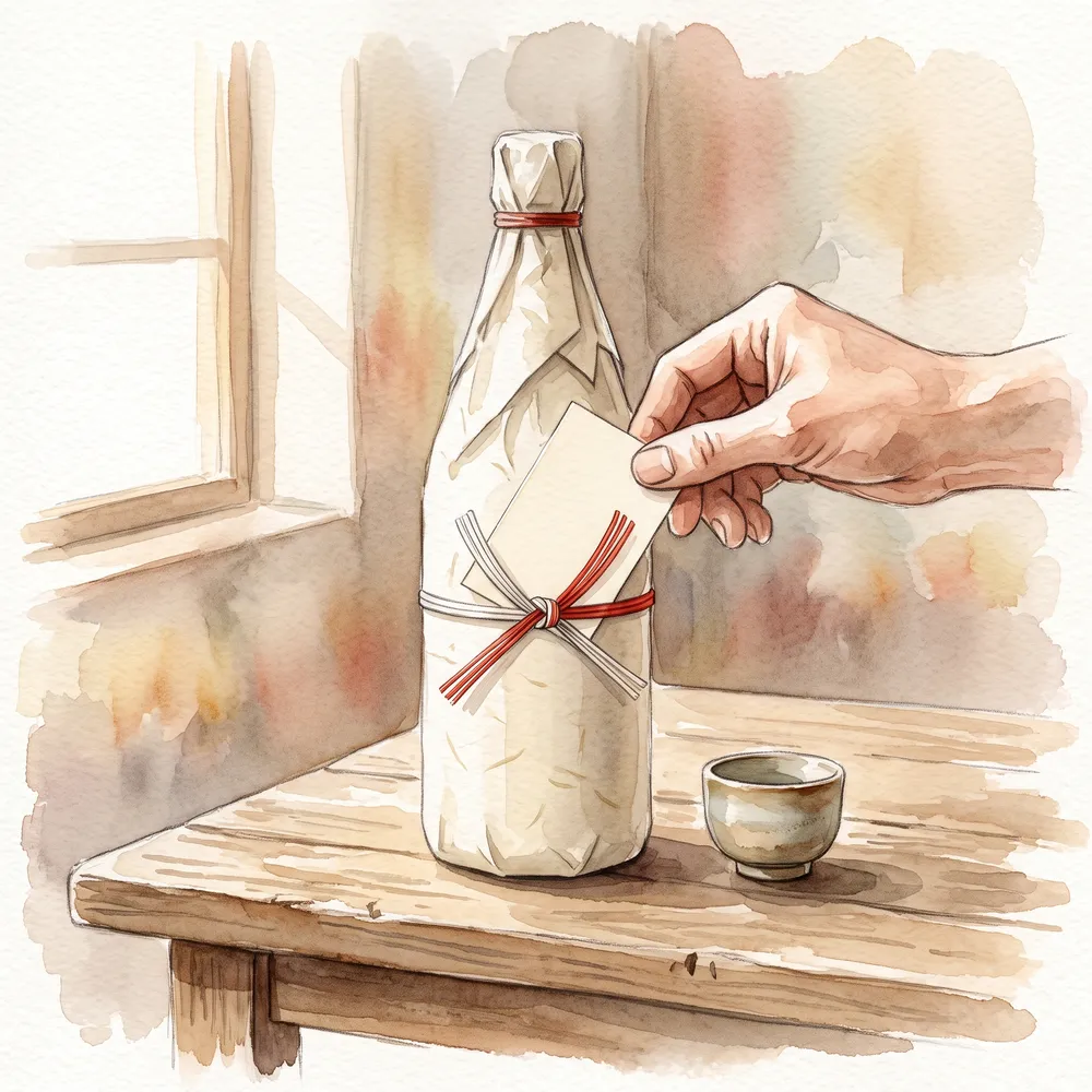 贈る日本酒に小さなカードを添えている様子