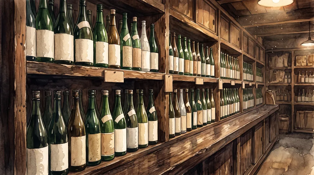 酒屋の棚に産地ごとに並んだ日本酒の四合瓶