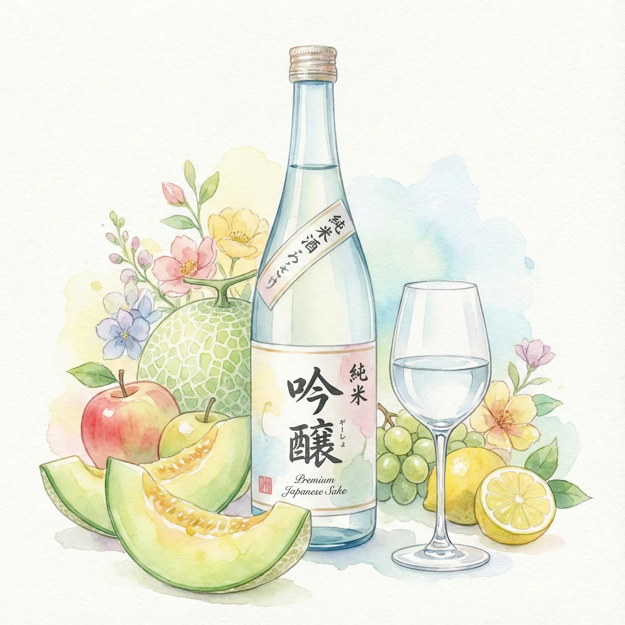フルーティーな香りが漂う吟醸酒とワイングラスのイメージイラスト