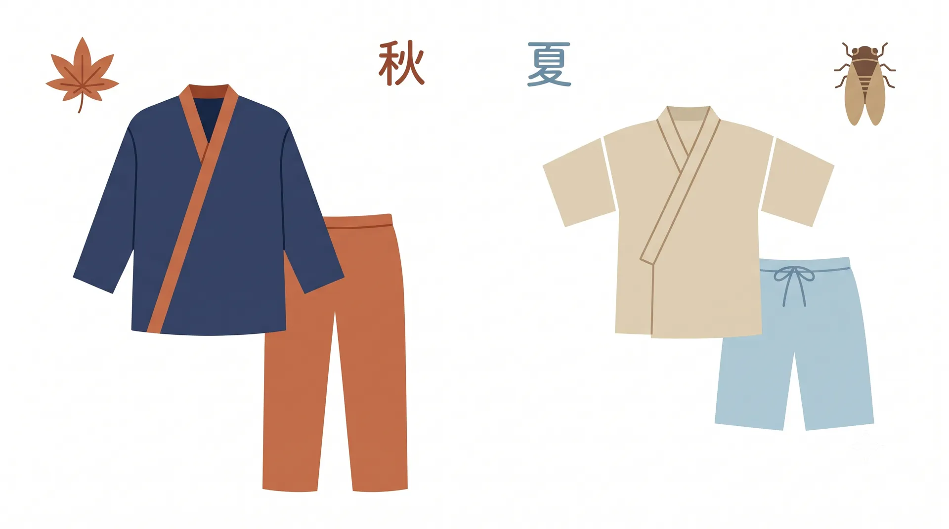 長袖の作務衣と半袖の甚平の違いを比較したイラスト
