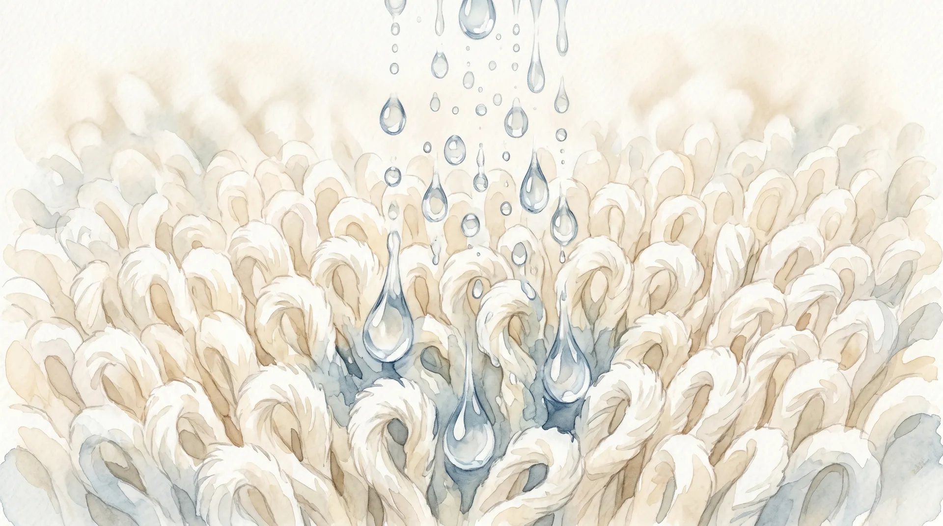 高品質な今治タオルのふんわりとしたループ状の繊維（パイル）が、大量の水分（汗）をスッと一瞬で吸い込んでいる様子を描いた水彩画風イラスト
