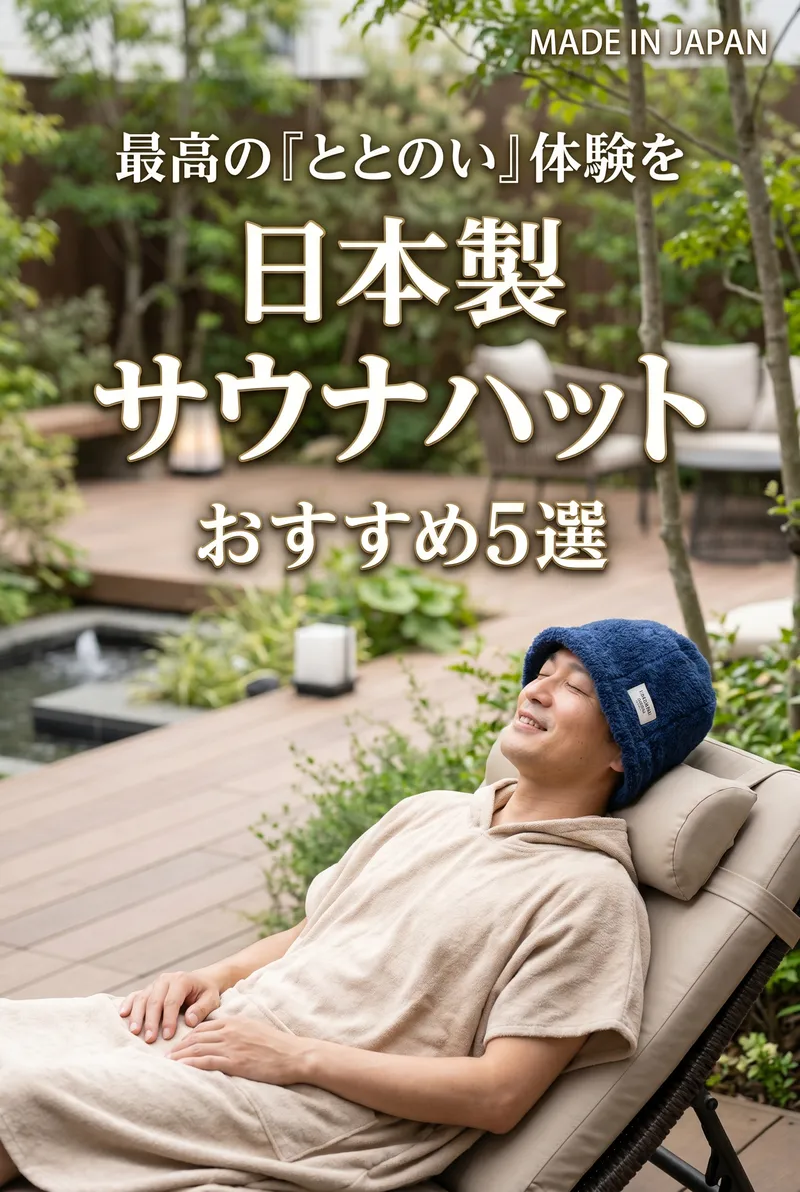 ふんわりとした今治タオル製のサウナハットを被り、サウナ後の外気浴でリラックスチェアに深く腰掛け、完全に「ととのって」いる大人の男性のまとめイメージ
