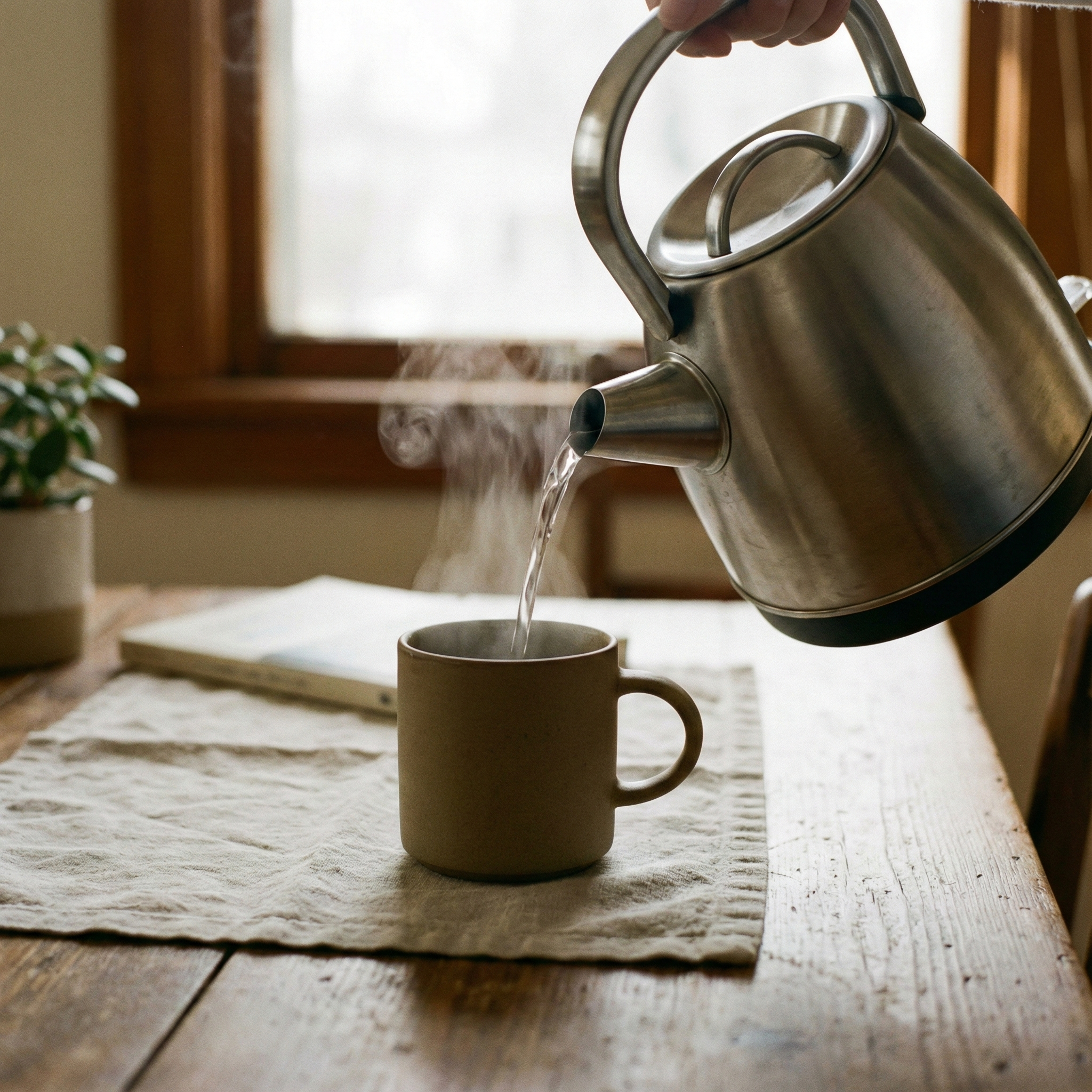 沸かし終えた白湯をカップに注ぎ、湯気が立っている様子
