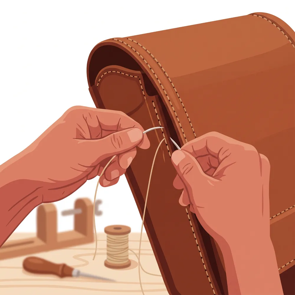 職人が革に丁寧にステッチ（縫い目）を入れている手元のイラスト