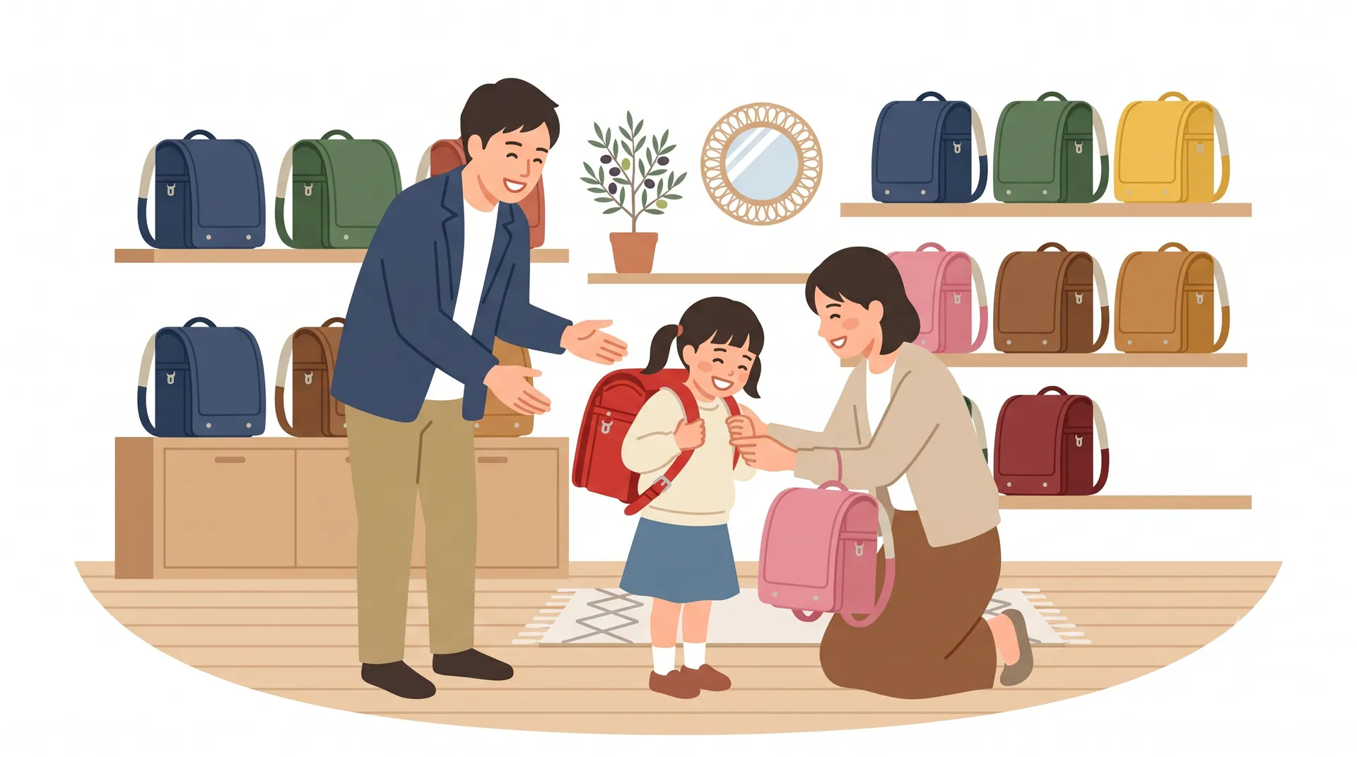 ショールームでランドセルを試着して笑顔を見せる親子のイラスト