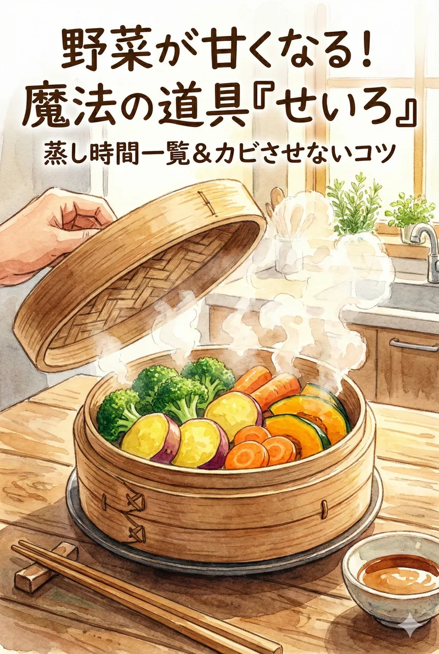 湯気が立つ彩り豊かなせいろ蒸し野菜のイラストとタイトル文字
