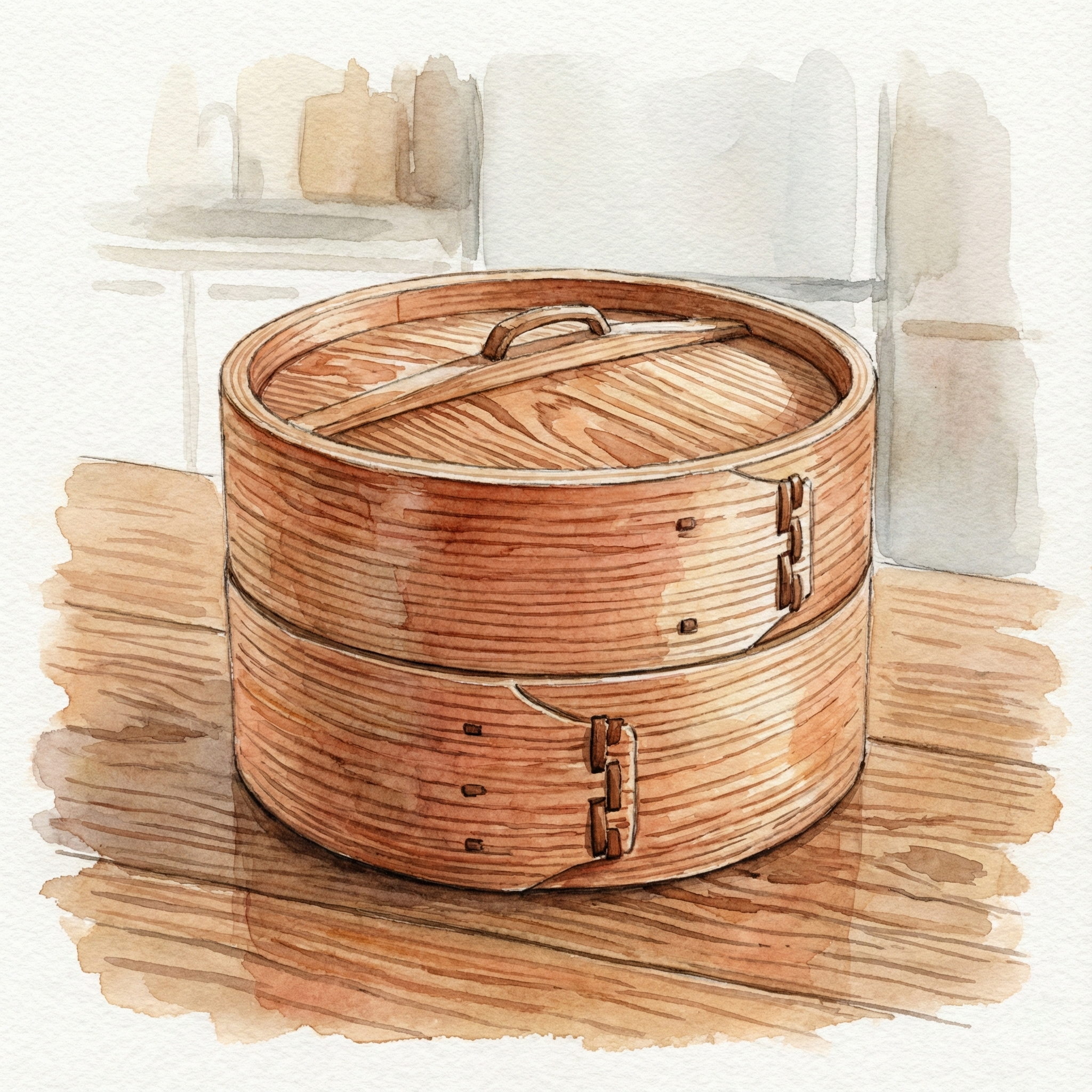 木目がはっきりとした親しみやすい杉製せいろの水彩画風イラスト