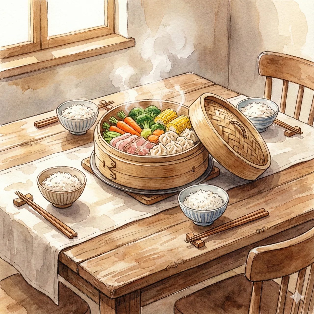 蒸し上がったせいろをそのまま食卓に並べて食事をするイラスト
