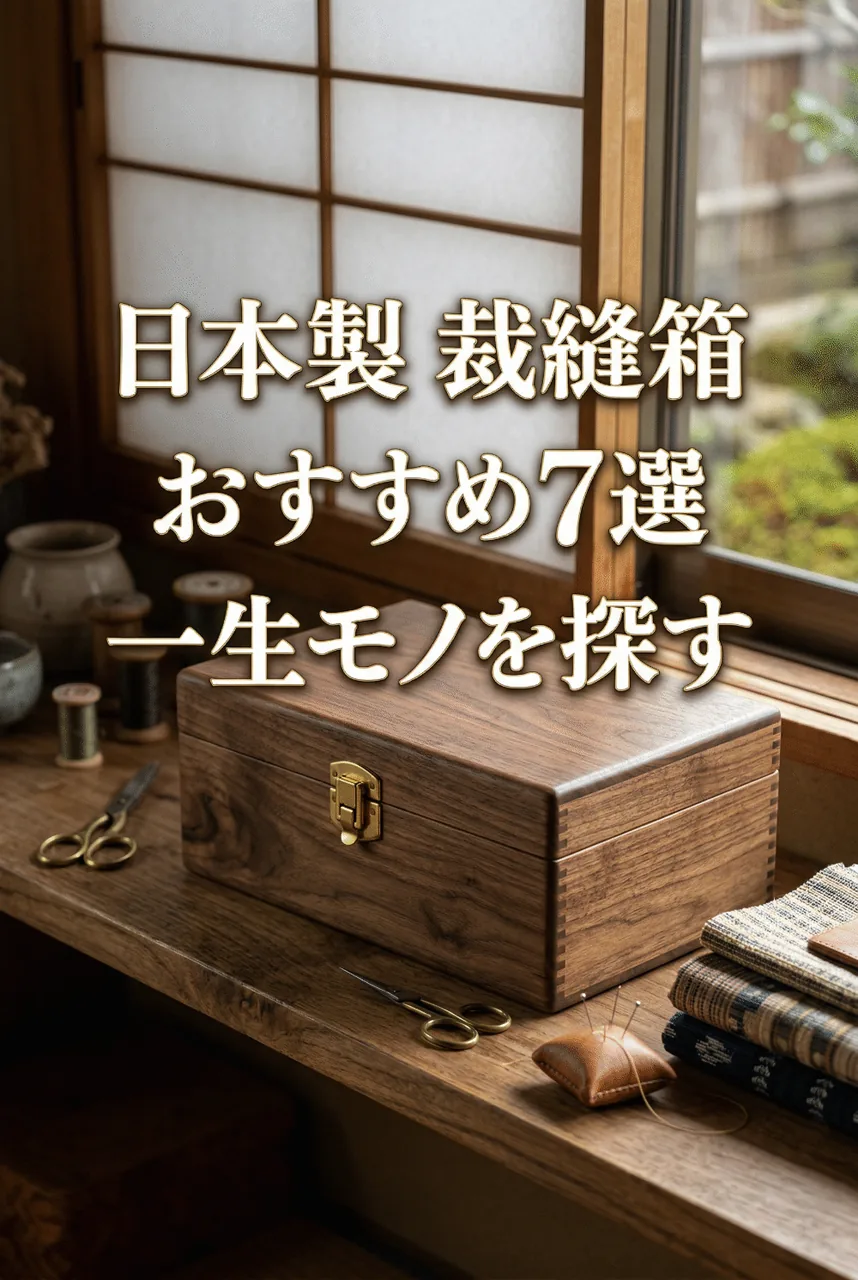 木製の裁縫箱が棚に置かれた、手仕事が楽しくなるような温かみのある空間