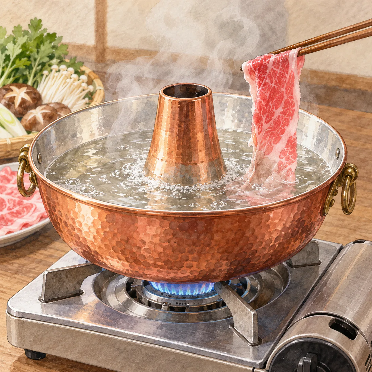 鎚目の入った赤銅色のしゃぶしゃぶ鍋で湯が沸き、薄い牛肉が箸でくぐらされている水彩イラスト